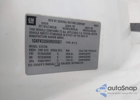 2009 GMC Yukon Slt2 из США, поврежденный, VIN 1GKFK33089R265067